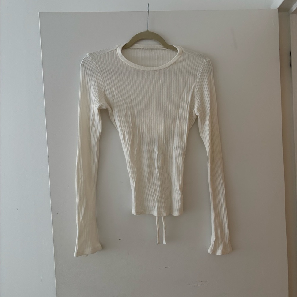 Reformation Cream Ribbed Tie Front Blouse